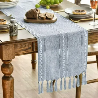 Artoid Mode Boho Staubiges Blau Landhausstil Quasten Tischläufer, Waschbar Tisch Dekoration Party Geburtstag Valentinstag Hochzeit Dekor 33x143 cm