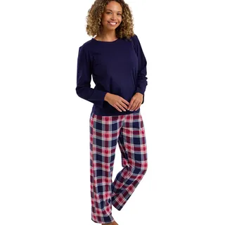 Indigo Sky Rosie Damen-Schlafanzug-Set aus weicher Baumwolle, Bequeme Loungewear für den Alltag, mit bedruckter Pyjamahose und gemütlichem Langarm-Top, Marineblau kariert, 14-16