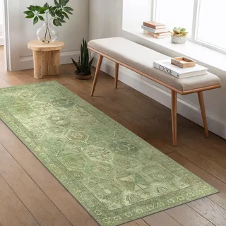 BEIMO Teppich Läufer Flur 80x300cm, Langer Vintage Boho Teppich Küche Waschbar rutschfest, Küchenläufer für Flur, Küche, Korridor, Schlafzimmer, Wohnzimmer, Hellgrün