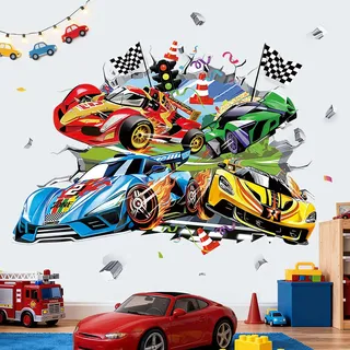 wondever Wandtattoo 3D Kinderzimmer Junge Rennauto Wandaufkleber Auto Rennwagen Fahrzeuge Wandsticker Wanddeko für Schlafzimmer Spielzimmer