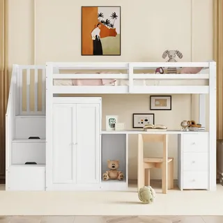 Flieks Etagenbett 90x200cm mit Rausfallschutz, Hochbett mit Kleiderschrank und Schreibtisch, Kinderbett mit Treppe, Jugendbett mit Lattenrost, Weiß - Weiß