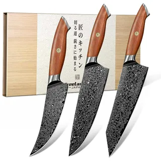 Freelander Küchenmesser Set 3-teilig Professionelle, Japanisches Kochmesser | Kochmesser, Kiritsuke Messer, Ausbeinmesser mit Damastmuster, Profi Messer Ergonomischer für Fleisch, Fisch, Gemüse