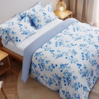 LERUUM Bettwäsche 155x220 Baumwolle Aesthetic Blumen Streifen Blau Weiß Reversibel Bettbezug Set mit 1 x Kissenbezug 80x80 (2 teilig)