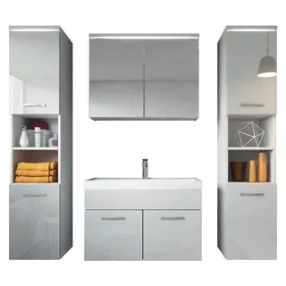 Badezimmer Badmöbel Set Paso xl LED 80cm Waschbecken Hochglanz Weiß Fronten - Un