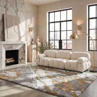 SAFAVIEH Zottelig Teppich für Wohnzimmer, Esszimmer, Schlafzimmer - Horizon Shag Collection, Kurzer Flor, Grau und Gold, 160 X 231 cm