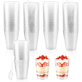STARVAST 100 Stück Dessertbecher Plastik 220 ml, Hohe Runde Dessertgläser Transparent mit 100 Löffeln, 70 x 90 mm Plastik Dessertbecher, Dessertschalen und Eisbecher für Dessert, Fingerfood und Nachti