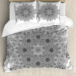 ABAKUHAUS Mandala Bettbezug, Mandala Blumen, Milbensicher Allergiker geeignet mit Kissenbezügen, 155 cm x 220 cm - 80 x 80 cm, Schwarz - Schwarz