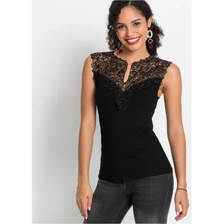 Spitzentop BONPRIX "Top aus fließendem Viskose-Mix", Damen, Gr. 52/54 (XXL), schwarz, Jersey, Obermaterial: 95% Viskose, 5% Elasthan. Spitze: 100% Polyester, unifarben, figurbetont hüftlang, Rundhals, Tops Spitzentop, figurenbetonte Passform, ärmelloses Design, eleganter Stil, mit Spitze