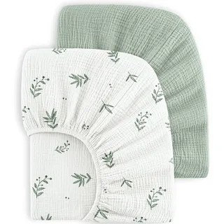 Bearmoss 2er Set Kinder Spannbettlaken,Musselin-Bettlaken 100% Baumwolle Baby-Bettlaken 60x120cm/140x70cm Reisebett Spannlaken Beistellbett Leintücher (Grün, 70x140cm)