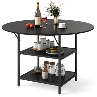 FANTASK Runder Esstisch 120 cm Holz, Küchentisch Holz mit 2 Ablagen, Industrieller Stil Tisch für 4–6 Personen, Ideal für Esszimmer & Wohnzimmer (Schwarz)