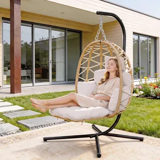Hängesessel mit Gestell, Hängekorb Sessel mit Fußablage und Dicke Kissen, Outdoor oder Indoor Rattan Hängesessel, Möbel für Garten, Balkon, Wohnzimmer, Belastbar bis 150kg (Gray)