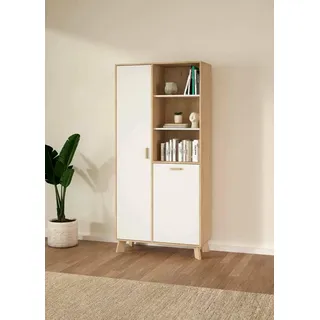 Dmora - Vitrine Esme, Glas-Sideboard, Mehrzweckvitrine, Hängendes Bücherregal mit Glastüren, 89x40 h188 cm, Eiche und Weiß