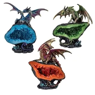 DRW Set von 3 Drachen auf Geode aus Harz, handbemalt, 5 x 5 x 15 cm