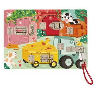 Janod - Brett mit Schlössern - Der Bauernhof - Aktivitätsbrett - 5 Schlosstypen - Spielzeug aus FSC-Holz - Ab 3 Jahre, J07119