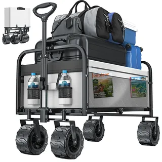 KESSER® Bollerwagen faltbar mit Breite Reifen Handwagen Transportkarre Gerätewagen | inkl. 2 Netztaschen | klappbar | Kunststoff-Reifen | bis 150 kg Tragkraft transportwagen Gartenanhänger - Grau