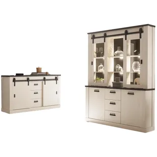 Furn.Design Esszimmer-Set weiß Pinie, anthrazit Landhaus, Wohnkombination 2-teilig mit Buffetschrank , Weiß, Anthrazit , Holzwerkstoff , Nachbildung,Pinie , 14 Fächer , 6 Schubladen , 315x201x43 cm , FSC 100% , Esszimmer