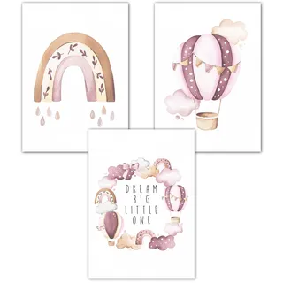 double critical Lemmami Papeterie 3er Set Boho Deko Wandbilder Kinderzimmer Babyzimmer Poster Bilder Mädchen Junge Dream Big Little One (Rosa Heissluftballon Regenbogen)