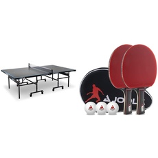 JOOLA 11642 Tischtennisplatte Outdoor J200A-Profi Tischtennistisch 6 MM,Grau/Blau & Tischtennis Set Duo PRO 2 Tischtennisschläger + 3 Tischtennisbälle + Tischtennishülle, rot/schwarz, 6-teilig