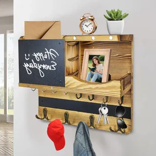 Wholesoukyii Schlüsselbrett Holz mit Ablage, 8 Haken und 4 Doppelhaken, mit Anschlagtafel, Schlüsselbrett Modern, Geeignet für Schlüssel, Hüte, Kleidung, Taschen (37 × 28.5 cm)