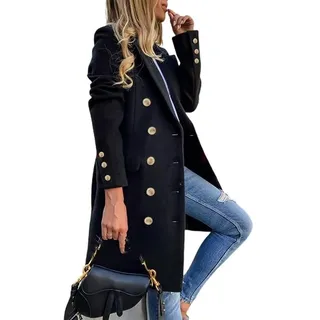IDEALSANXUN Damen Herbst Winter Wollmäntel zweireihig Midi Peacoat Trenchcoats, Schwarz 01, XX-Large
