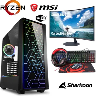 Gaming Komplett Set - Ryzen 5 5600G  6x4,4GHz - 8GB RAM - Radeon Graphics - Samsung Curved LCD LED Monitor - 4 in 1 Gaming Kit - RGB Echtglas Gehäuse