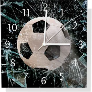 Wallario Design Wanduhr Fußball - im Fenster, Splitter und Glas aus Aluverbund, Größe 30 x 30 cm - Schwarz