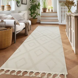Läufer OTTO HOME "Otilie" Gr. 12, beige (cream), B:80cm H:11mm L:300cm, Kunstfaser, Teppiche, Läufer, dichte Qualität, Woll-Look, Boho, mit Fransen und Rauten, Scandi