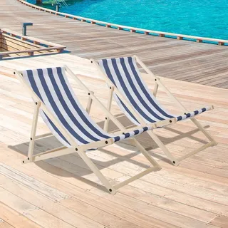 Jiubiaz Liegestuhl Campingstuhl Holz Klappstuhl Gartenstuhl Faltbar Klappbar Stoff Deck Blau weiß 2 Stück - Schwarz
