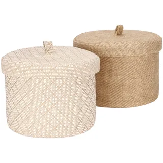 Sea Team 2er-Pack Jute- und Baumwoll-Leinen-Aufbewahrungskorb Niedliche Runde Box für Toilettenartikel Spielzeug Sonstiges 5 Liter Schreibtisch-Gadget-Organizer mit Deckel (Mittel B)