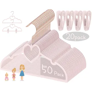 Baby-Kleiderbügel aus Samt, mit Herzen, 33 cm, mit 20 Clips, Premium-Samt, stark und langlebig, ohne zu verrutschen, ultradünn und stapelbar, platzsparend, 50 Stück