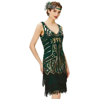 BABEYOND Damen Flapper Kleider 1920er Jahre V-Ausschnitt Perlen Fransen Great Gatsby Kleid, Gold und Dunkelgrün, Medium
