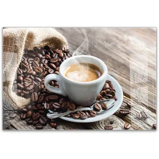 timalo Küchenbild aus Acrylglas modernes Wandbild Glasbild Deko Küche XXL Bild wie Glas | 60x40cm Kaffee, Espresso, Kaffeebohnen, rustikales Holz, Café Atmosphäre