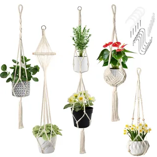 Ouxayapl 5er Set Makramee Blumenampel Hängend Innen, Boho Deko Baumwollseil Hängeampel mit Haken, Blumentopf Hängend für Innenräume, Gärten, Decken, Fenster