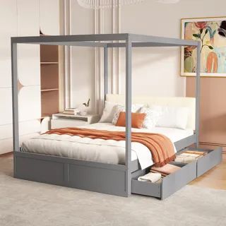 MODFU Kinderbett 140x200  mit Matratze,Holzbett mit großen Schubladen,Himmelbett  mit  weicher Rückenlehne,Grau - Grau