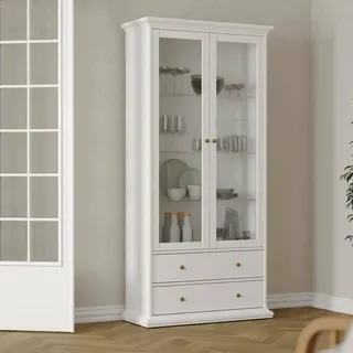 Dmora - Vitrine Gaetane, Glas-Sideboard, Mehrzweckvitrine, Hängendes Bücherregal mit Glastüren, 96x42 h201 cm, Weiß