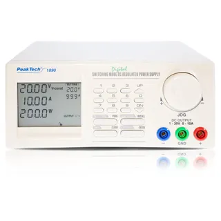 Peaktech P 1890 Programmierbares DC Schaltnetzteil 1–20 V 0–10 A mit 4-stelliger LCD Anzeige USB RS-232 RS-485 Labornetzgerät Überlastschutz PC Steuerung 90–265 V AC weiß 280 x 210 mm