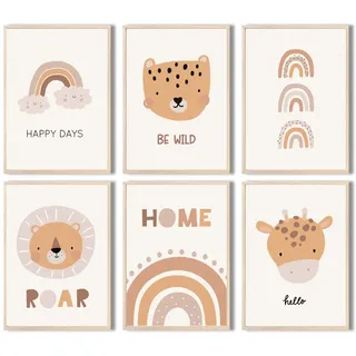 MeinBaby123® Poster Kinderzimmer | 6er Set DIN A4 | Wandbilder | Kinderzimmer Poster | Deko Bilder Kinderzimmer | Löew, Giraffe, Regenbogen || Babyzimmer Deko (Süße Tiere V3)