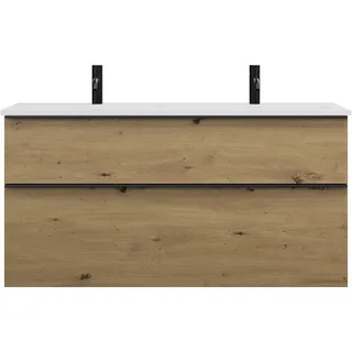 burgbad Eqio Mineralguss-Doppelwaschtisch inklusive Waschtischunterschrank mit 2 Schubladen, Breite 1220mm, SHCD122F5662C0001G0252, Farbe: Eiche Dekor Urban / Eiche Dekor Urban, Griffleiste Schwarz