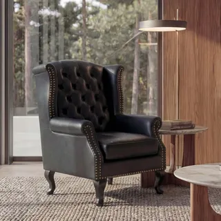 Sessel Relaxsessel Clubsessel Ohrensessel Chesterfield, Kunstleder schwarz ohne Ottomane - Schwarz