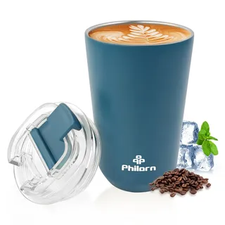 Philorn Thermobecher Kaffee to go Becher - 13oz/380ml Kaffeebecher to go mit Deckel, Auslaufsicher Coffee to-go Becher Thermo aus Edelstahl, Wiederverwendbar Kaffee Thermobecher (Blau-380ml)