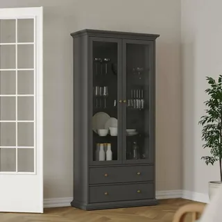 Dmora - Vitrine Gaetane, Glas-Sideboard, Mehrzweckvitrine, Hängendes Bücherregal mit Glastüren, 96x42 h201 cm, Grau