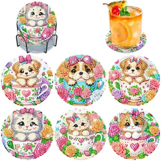 Lxmsja 8 STK Diamond Painting Untersetzer mit Halter, Diamond Painting Katze Erwachsene Kinder, Diamant Tassenuntersetzer mit Kork, Diamant Painting Bilder Hund Basteln Erwachsene Frauen, Tisch Deko