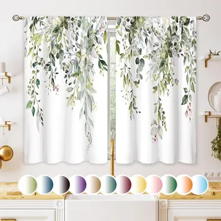 oolygoo Salbeigrüne Eukalyptusblätter-Küchenvorhänge, Bauernhaus-Blumenpflanzen-Fensterbehandlung, botanisches kleines Café, rustikale Blumenbehandlung, Vorhänge 70x99 cm