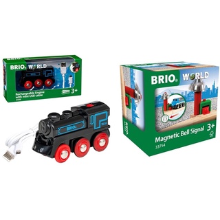 BRIO 33599 - Akku Lok mit Mini USB, bunt & World 33754 - Magnetisches Glockensignal – Eisenbahnzubehör Holzeisenbahn – Kleinkinderspielzeug empfohlen für Kinder ab 3 Jahren