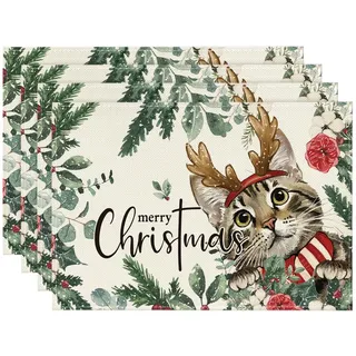 Artoid Mode Holly Blumen Eukalyptus Katze Weihnachten Platzsets 4er Set, 30x45cm Urlaub Bankett Tischsets Waschbar Platzdeckchen Küche Party Deko