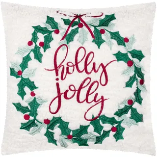 furn. Stechpalmenkranz-Kissen mit Polyesterfüllung – Besticktes festliches Weihnachts-Bouclé-Kissen mit Samtrückseite (Mehrfarbig – 45x45cm)