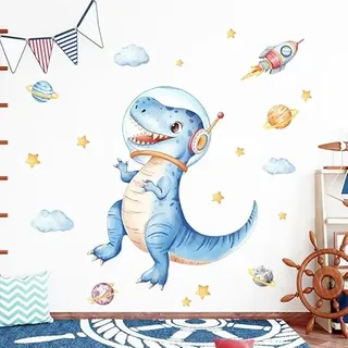 Tanlaby Dinosaurier Groß Wandaufkleber Weltall Blaue Dino Wandtattoo Kinderzimmer Junge Wandsticker Cartoon Tiere Wanddeko für Jungen und Mädchen Babyzimmer Schlafzimmer Wohnzimmer