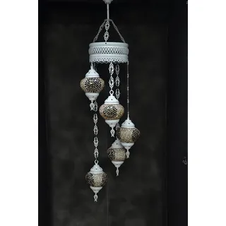Hanglampe aus braunem Glas mit buntem Mosaik, 5 Kugeln, orientalische marokkanische Deckenleuchte - Beige, Braun