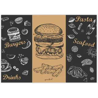 100 Tischunterlagen mit Menü-Motiv Burger I DIN A3 eckig I Platz-Set aus Papier I modernes Design I Einweg Tischset I schwarz braun I Gastronomie und Haushalt I dv816