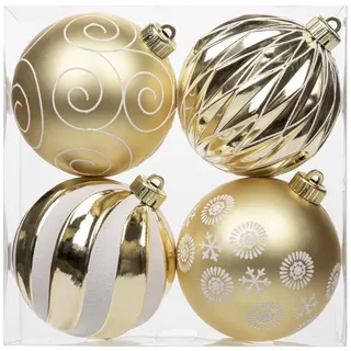 Ø12cm 4er-Set Weihnachtskugeln Große Kunststoff Christbaumkugeln Weihnachtsdeko Weihnachtsbaumschmuck Set Ornament Weihnachten Deko für Weihnachtsbaum Christbaumkugeln, Gold-Weiß